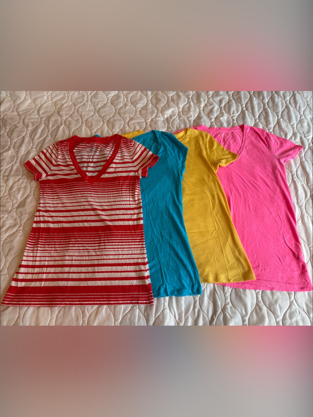 Women’s Red & White Striped and Colorful Basic short sleeve shirts in M and L.